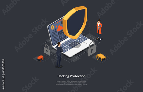 Conceptual Illustration On Hacking And Viruses Protection Idea. Characters, Elements And Writing. 3D Composition In Cartoon Style. Isometric Vector Design. Laptop With Safety Shield, People Standing