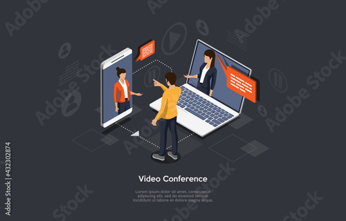 Isometric 3D Vector Illustration On Dark Background With Writing. Cartoon Composition, Video Conference, Online Meeting Concept. People Talk Through Smartphone And Laptop With Character. Infographics