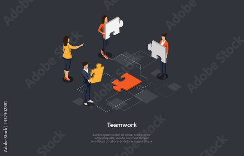 Isometric 3D Vector Illustration On Dark Background With Writing. Cartoon Composition, Office Teamwork, Togetherness Concept. People Standing Keeping Different Puzzle Elements. Infographic Elements