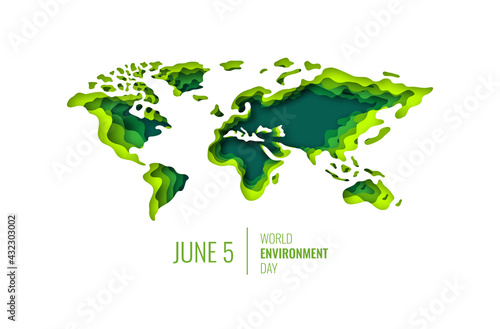 World Environment Day. Eco Concept. Green World Map on Papercut style. Vector illustration