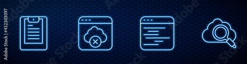 Set line Software, Server, Data report, Failed access cloud storage and Search computing. Glowing neon icon on brick wall. Vector