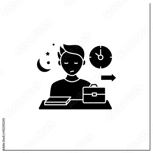 Workaholic glyph icon.Last leave office. Works until nightfall. Man at laptop. Hard working.Overworking concept.Filled flat sign. Isolated silhouette vector illustration