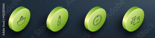 Set Isometric line Citrus fruit juicer, Bottle of olive oil, Cutting board and Kitchen meat grinder icon. Vector