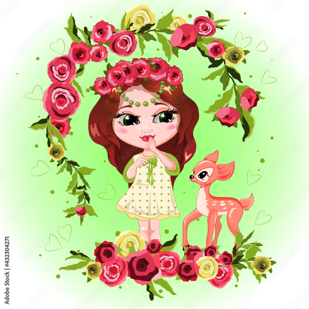 Cartoon illustration of a cute smiling girl in a wreath of flowers standing in a meadow of flowers. Beautiful child with a decoration of roses, fashionable girl in a summer dress Cartoon illustration of a cute smiling girl in a wreath of flowers standing in a meadow of flowers. Beautiful child with a decoration of roses, fashionable girl in a summer dress