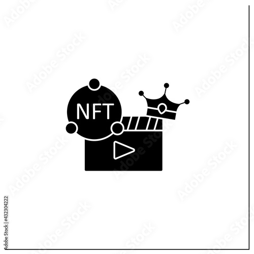 NFT video glyph icon. Video file format with non fungible token coin.Represent digital files. Used to commodify digital creations.Filled flat sign. Isolated silhouette vector illustration