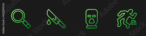 Set line Balaclava, Magnifying glass with search, Bloody knife and Crime scene. Gradient color icons. Vector