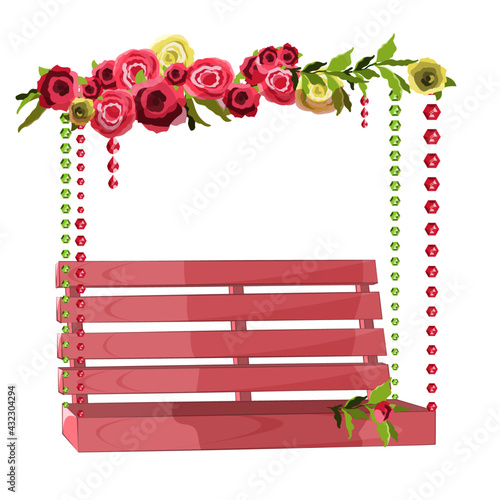 Decorative wooden swing decorated with garlands of roses and flowers. Swing on a chain with crystals. Garden decoration with flowers