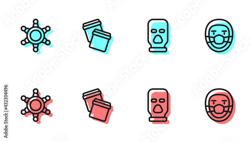 Set line Balaclava, Hexagram sheriff, Plastic bag with ziplock and Doctor pathologist icon. Vector