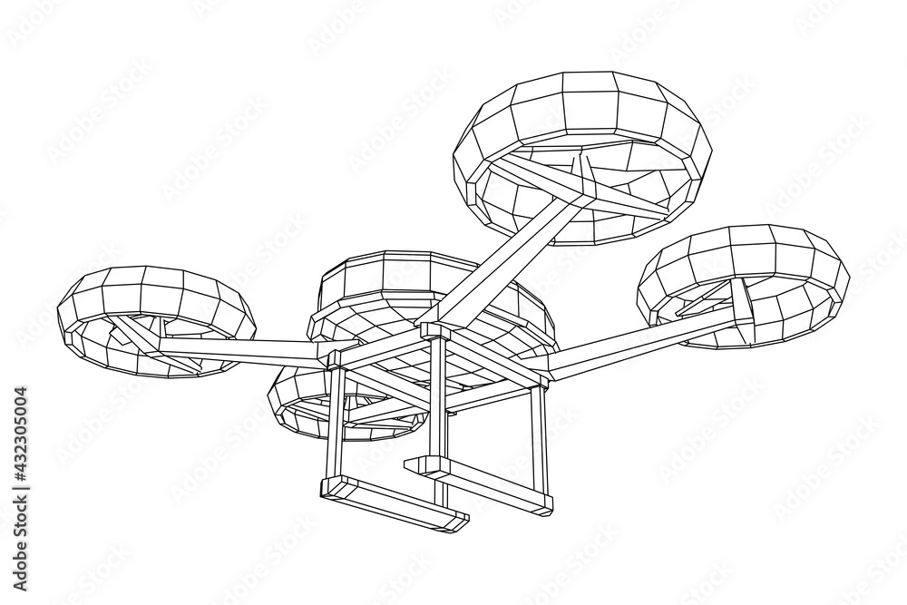 Military drone combat unmanned aerial vehicle. Recon aircraft quadrocopter. Wireframe low poly mesh vector illustration.