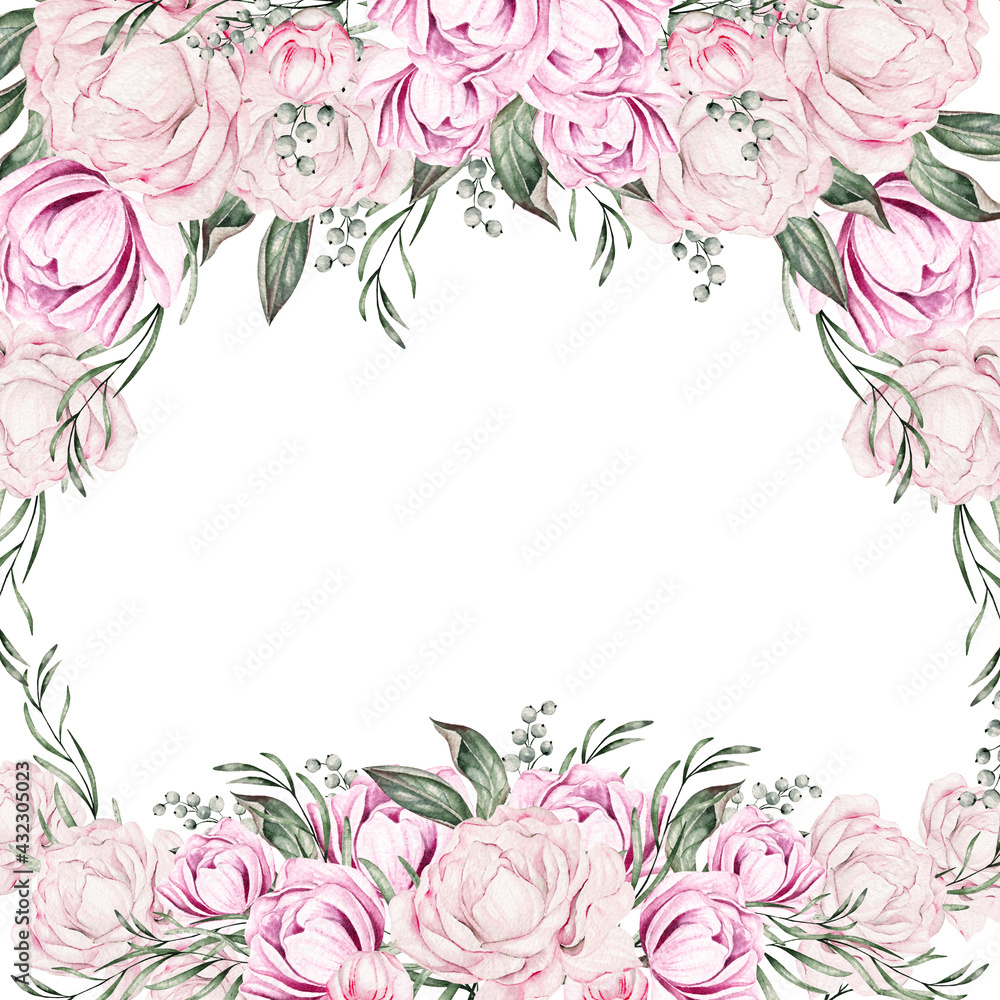 Card with peonies, can be used as greeting card, invitation card for wedding, birthday and other holiday and summer background. Watercolor illustration.. Card with peonies, can be used as greeting card, invitation card for wedding, birthday and other holiday and summer background. Watercolor illustration..