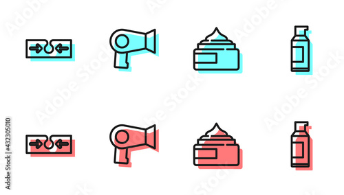 Set line Cream or lotion cosmetic tube, Acne, Hair dryer and Spray can for hairspray icon. Vector