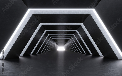 Illuminated corridor interior design. 3D rendering