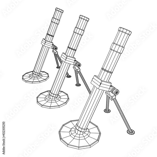 Firearm weapon army mortar and mine. Wireframe low poly mesh vector illustration
