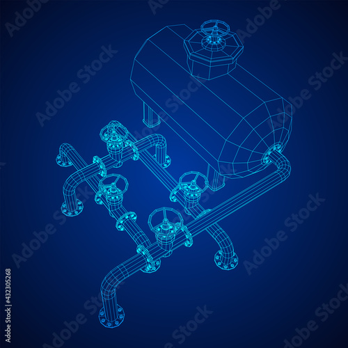 Oil tank storage of flammable materials and pipeline with valve. Finance economy polygonal petrol production. Petroleum fuel industry transportation line. Wireframe low poly mesh vector illustration.
