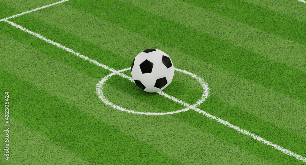3D Render Big Soccer balls on soccer field background 3D Render Big Soccer balls on soccer field background