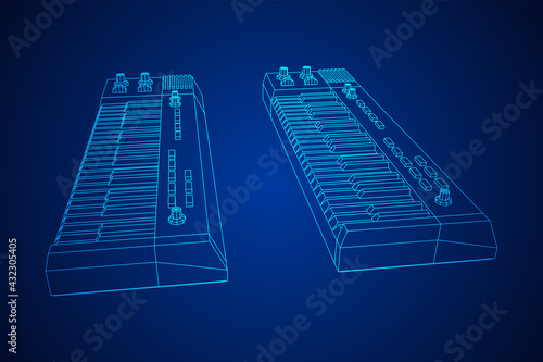 Piano roll analog synthesizer faders buttons knobs. Wireframe low poly mesh vector illustration.