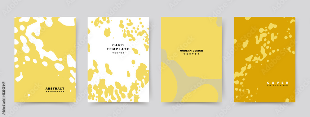 Set of abstract creative universal cover templates. Trendy yellow texture with spots on the background. Vector collection for catalog, notebooks, brochures, books, social media posts, banners.