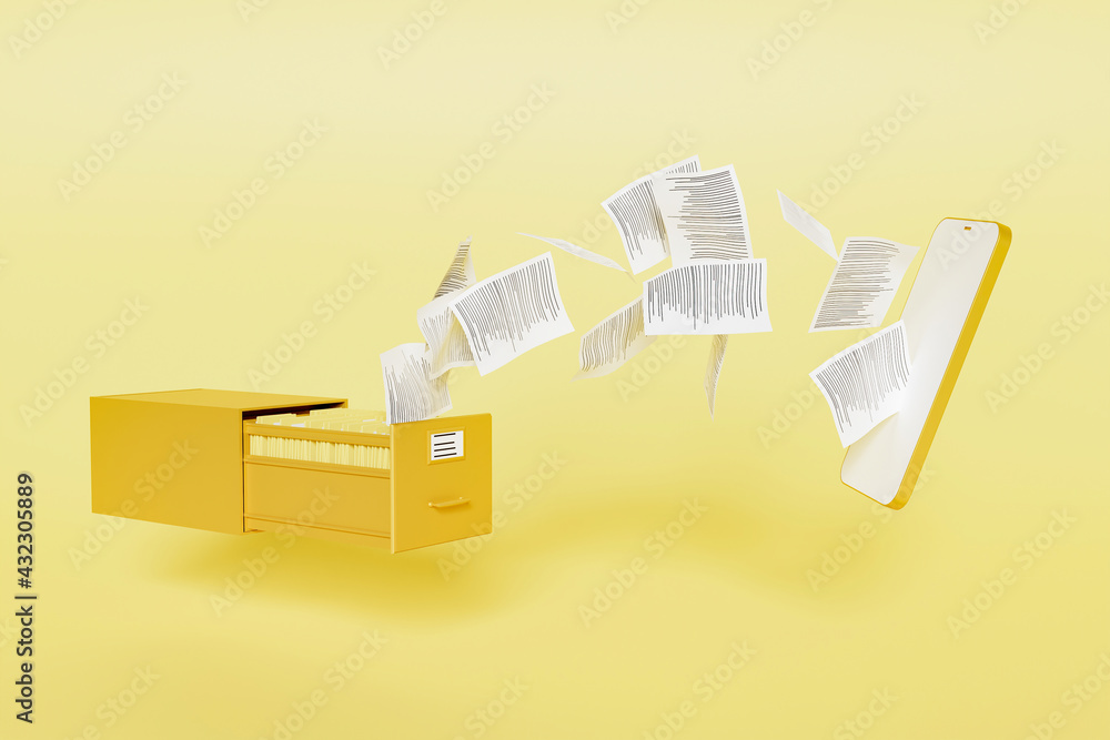 file with papers flying to a mobile phone mockup. digital