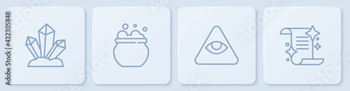 Set line Magic stone, Masons, Witch cauldron and Ancient magic book. White square button. Vector