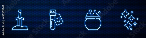 Set line Witch cauldron, Sword in the stone, Bottle with love potion and Sparkle stars magic. Glowing neon icon on brick wall. Vector