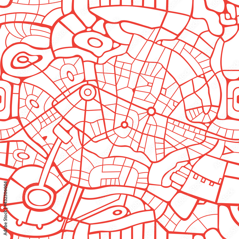 Seamless city map pattern. Vector repeating background with a schematic red roads of an abstract city on a white backdrop. Decorative urban texture, suitable for wallpaper, wrapping paper, fabric