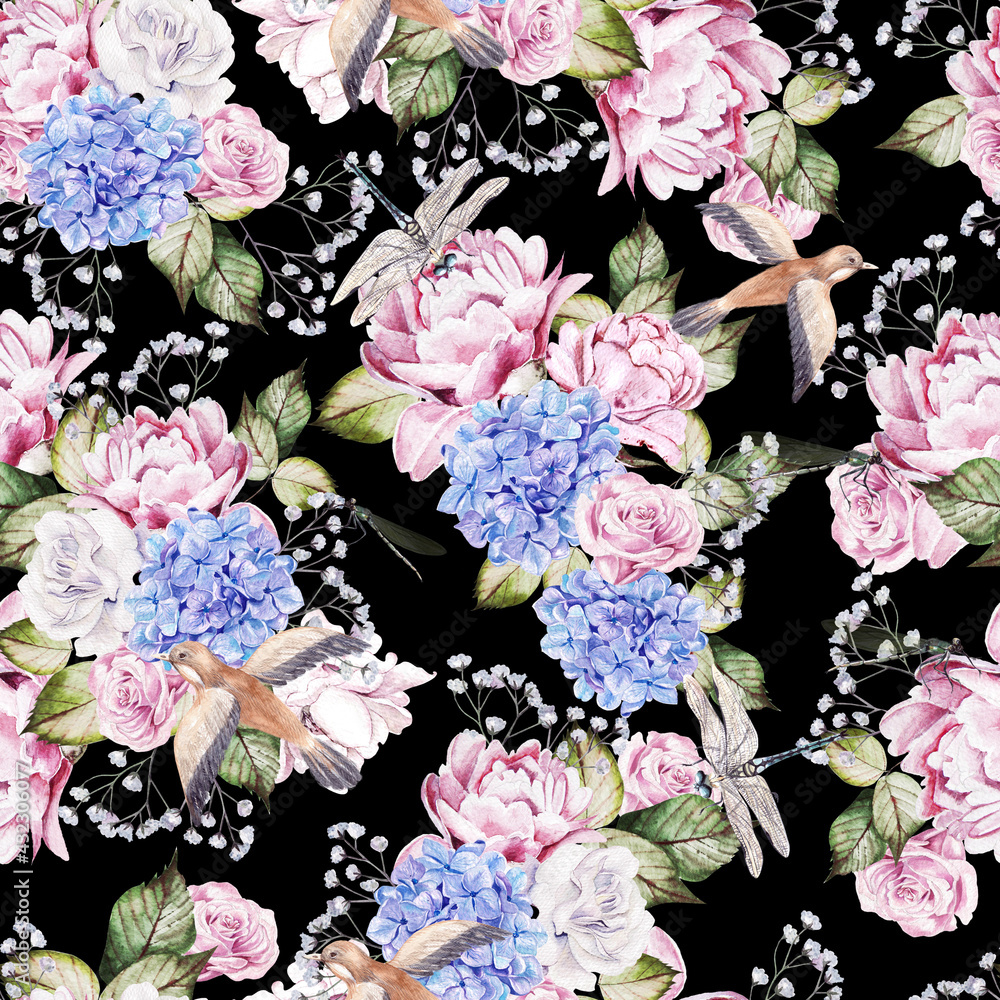 custom made wallpaper toronto digitalWatercolor seamless pattern with hydrangea and roses flowers, leaves and birds. Illustration