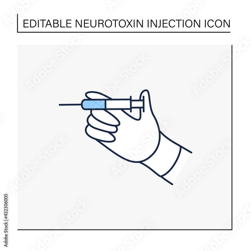 Cosmetic injection line icon. Full medicine syringe. Hand keep syringe. Ready to injection. Cosmetic procedure.Isolated vector illustration. Editable stroke