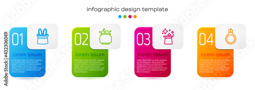Set line Magician hat and rabbit ears, Witch cauldron, and stone ring with gem. Business infographic template. Vector