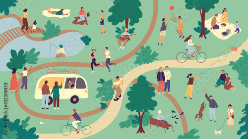 People spend their free time in a summer park on a weekend day