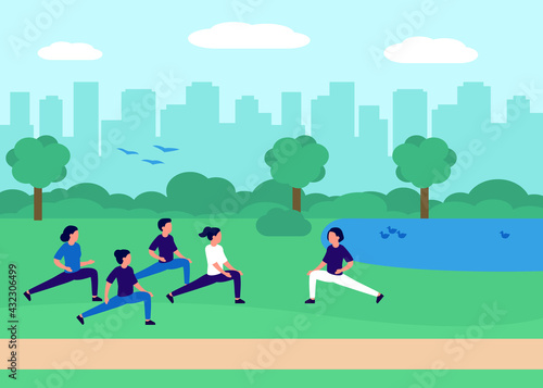 Healthy people doing yoga, sport at city urban park. Group of people exercising in nature together. Urban landscape, recreation area with men and women in yoga class doing exercise outdoor. Vector