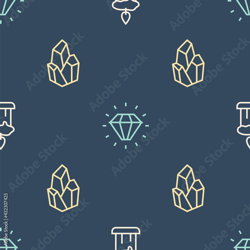 Set line Burning candle, Magic stone and Diamond on seamless pattern. Vector