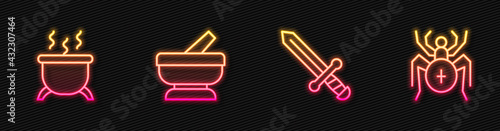 Set line Medieval sword, Witch cauldron, Mortar and pestle and Spider. Glowing neon icon. Vector