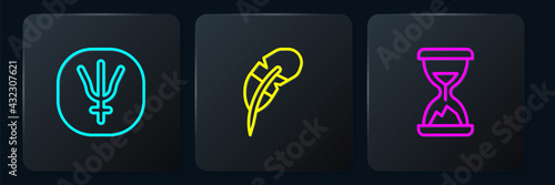 Set line Neptune planet, Old hourglass with sand and Feather pen. Black square button. Vector