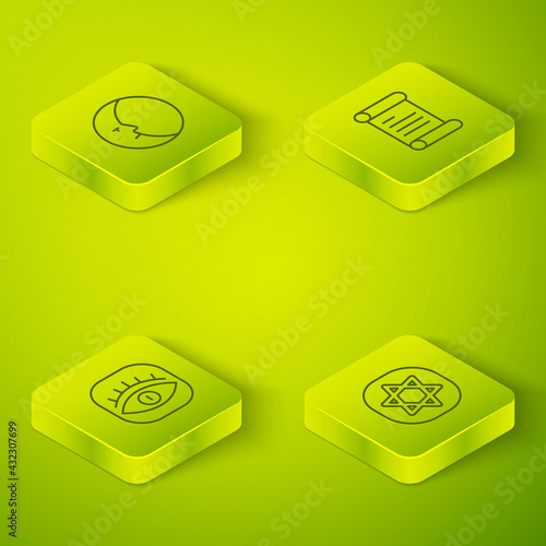 Set Isometric line Decree, parchment, scroll, Masons, Tarot cards and Moon icon. Vector