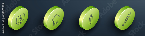 Set Isometric line Location with fire flame, Chef hat, Sauce bottle and Grilled shish kebab icon. Vector