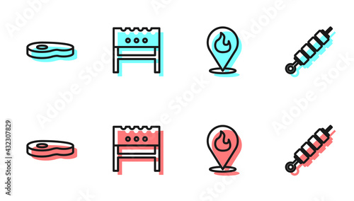 Set line Location with fire flame, Steak meat, BBQ brazier and Grilled shish kebab icon. Vector
