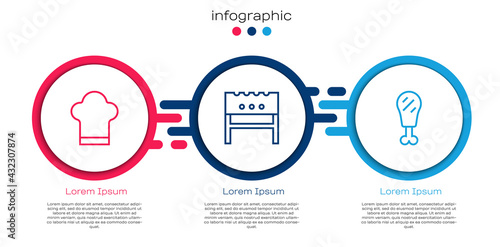 Set line Chef hat, BBQ brazier and Chicken leg. Business infographic template. Vector