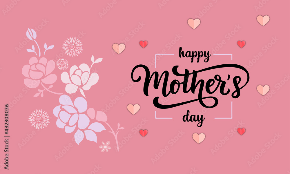 Happy Mothers Day banner. Holiday background heart made of pink and red Origami Hearts on soft pink background