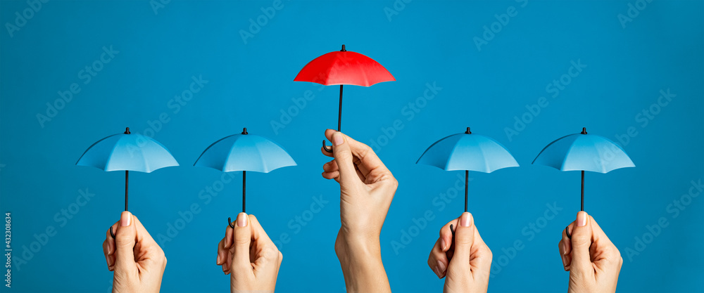 Red umbrella protect concept - obrazy, fototapety, plakaty 