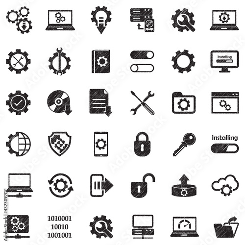 Setup, Installation And Configuration Icons. Black Scribble Design. Vector Illustration.