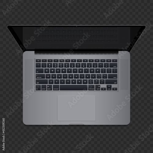Realistic Space Gray Laptop Computer, Top down view, Keyboard, reflection on the screen. Laptop isolated on transparent background. Vector Illustration EPS 10