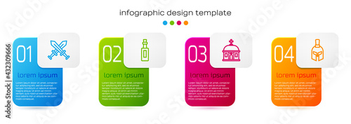Set line Crossed medieval sword, Bottle of olive oil, Santorini building and Greek helmet. Business infographic template. Vector
