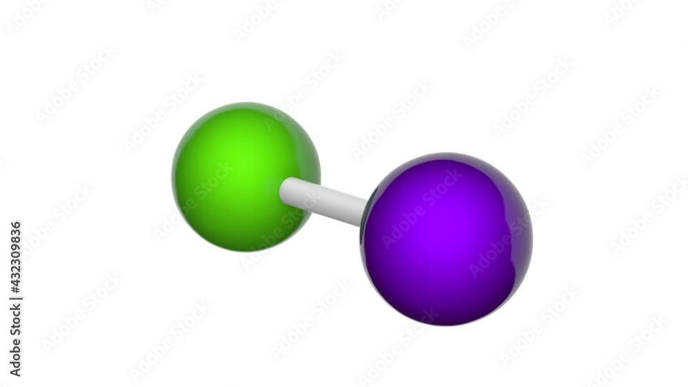 Iodine monochloride is an interhalogen compound with the formula ICl or ClI. 3D render. Seamless loop. Chemical structure model: Ball and Stick. White background. Iodine monochloride is an interhalogen compound with the formula ICl or ClI. 3D render. Seamless loop. Chemical structure model: Ball and Stick. White background.