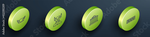 Set Isometric line Helmet with wings, Minotaur, Parthenon and Ancient Greek pattern icon. Vector