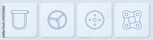 Set line Bicycle lock, sprocket crank, wheel and chain. White square button. Vector