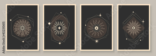 Abstract contemporary art with celestial geometry shapes. Esoteric mystical celestial stars sacred wall art. Wall decor painting. Minimalistic background design. Vector illustration.