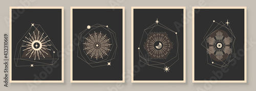 Abstract contemporary art with celestial geometry shapes. Esoteric mystical celestial stars sacred wall art. Wall decor painting. Minimalistic background design. Vector illustration.