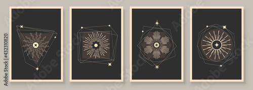 Abstract contemporary art with celestial geometry shapes. Esoteric mystical celestial stars sacred wall art. Wall decor painting. Minimalistic background design. Vector illustration.