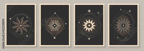 Abstract contemporary art with celestial geometry shapes. Esoteric mystical celestial stars sacred wall art. Wall decor painting. Minimalistic background design. Vector illustration.