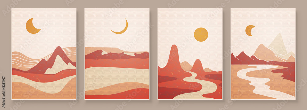 Abstract landscape composition art with sun and moon. Earth tones colors wall art. Soft color painting house decor. Minimalistic background design. Vector illustration.